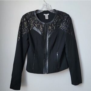 𝅺CACHE Black Gold Faux Leather Trim Jacket Blazer Size 2 Embroidered Lace